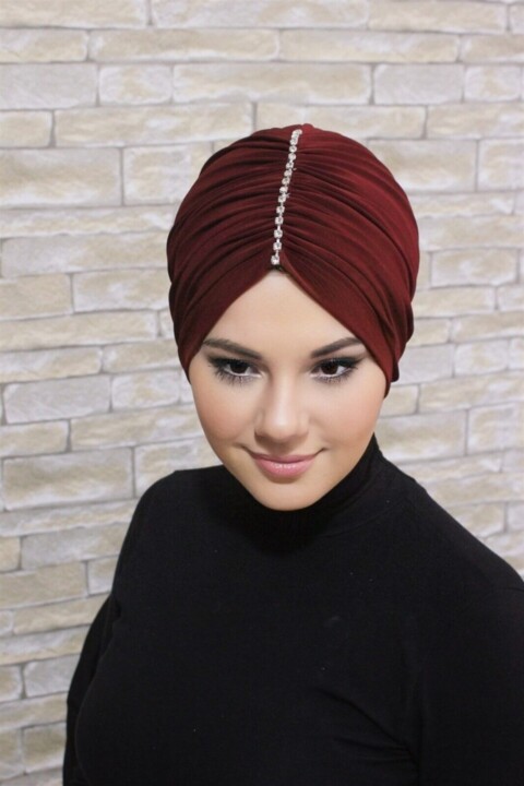 Shirred Stone Bonnet-Burgundy - 100285739 - Hijab