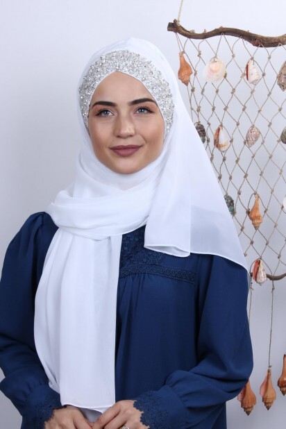 Châle Bonnet Stone Design Blanc - Hijab