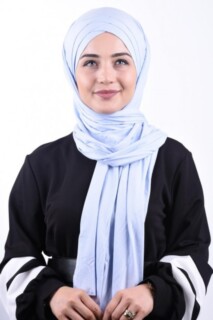 شال قطن منسوج بثلاثة خطوط أزرق فاتح - Hijab