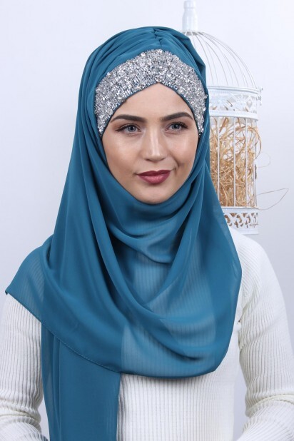 Stone Design Bonnet Shawl Petrol Blue - 100282973 - Hijab