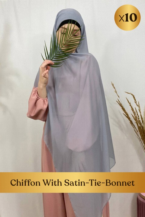 Hijab mousseline , bonnet à nouer intégré intérieur satin  - en box 10 pièces - Hijab