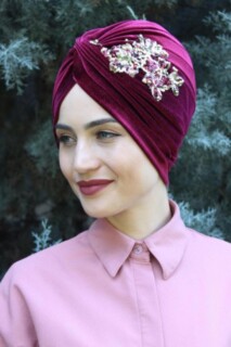 Velvet Sequined Vera Bonnet Claret Red - 100285070 - Hijab