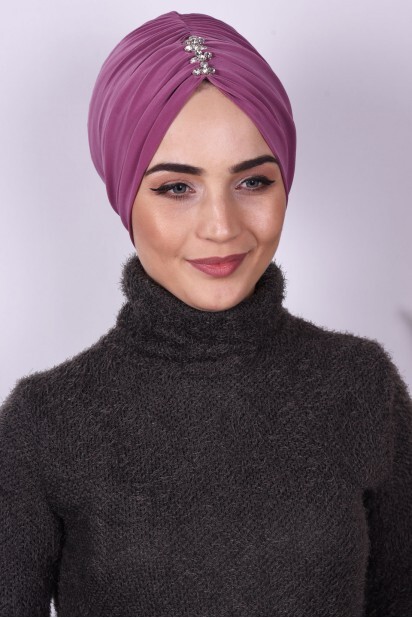 بونيه مطوي بالأحجار وردة مجففة داكنة - Hijab