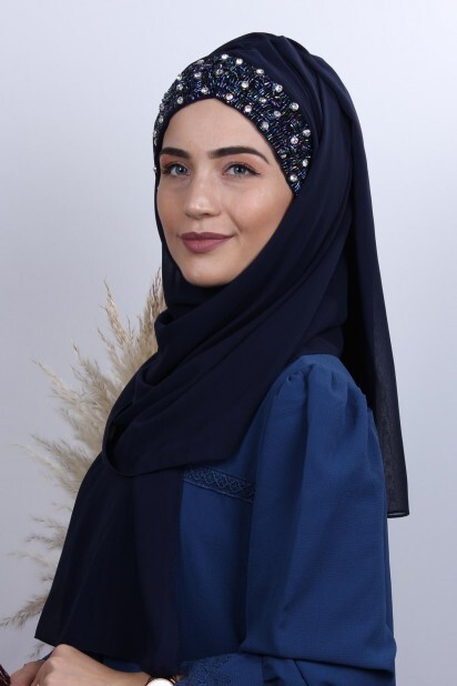 Châle Bonnet Stone Design Bleu Marine - Hijab