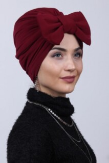 Bonnet à Double Voie Rouge Bordeaux avec Noeud Rempli - Hijab