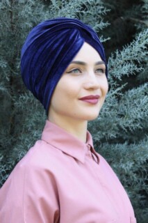 Velvet Sequined Vera Bonnet Navy Blue - 100285060 - Hijab
