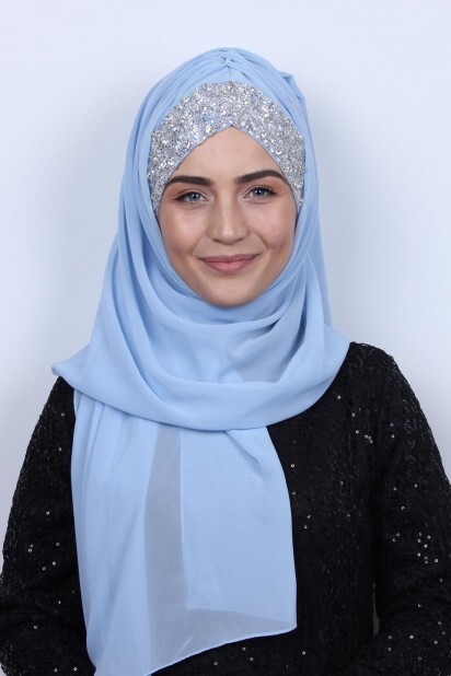 Stone Design Bonnet Shawl Baby Blue - 100282969 - Hijab