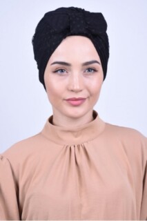 الدانتيل القوس بونيه الأسود - Hijab