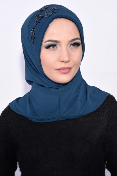 حجاب عملي مزين بالترتر أزرق بترولي - Hijab