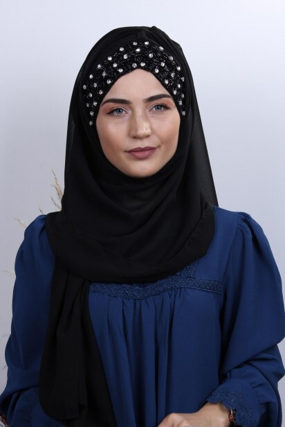 Stone Design Bonnet Châle Noir à Noir - Hijab