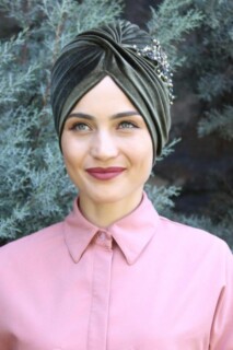 مخمل مطرز بالترتر فيرا بون كاكي أخضر - Hijab