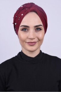 بونيه ملفوفة باللؤلؤ أحمر كلاريت - Hijab