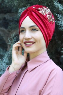 Velvet Sequined Vera Bonnet Red - 100285062 - Hijab