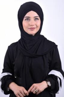 شال قطن منسوج بثلاثة خطوط أسود - Hijab