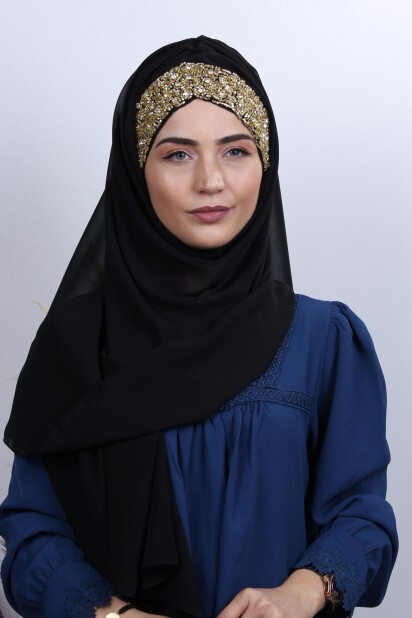 Stone Design Bonnet Châle Noir Or Pierre - Hijab
