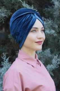 Velvet Sequined Vera Bonnet Petrol Blue - 100285063 - Hijab