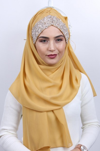 Stone Design Bonnet Shawl Gold Yellow - 100282971 - Hijab