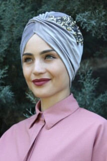 مخمل مطرز بالترتر فيرا بونيت باللون الرمادي - Hijab