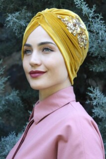 Velvet Sequined Vera Bonnet Mustard Yellow - 100285061 - Hijab