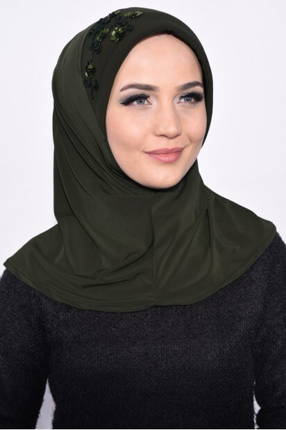 Hijab Paillettes Pratique Vert Kaki - Hijab