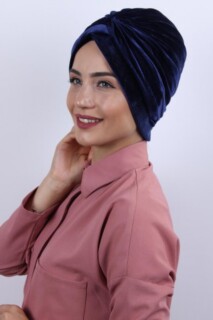 Velvet Nevru Bonnet Navy Blue - 100283092 - Hijab