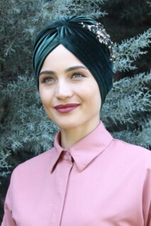 Velvet Sequined Vera Bonnet Emerald Green - 100285066 - Hijab