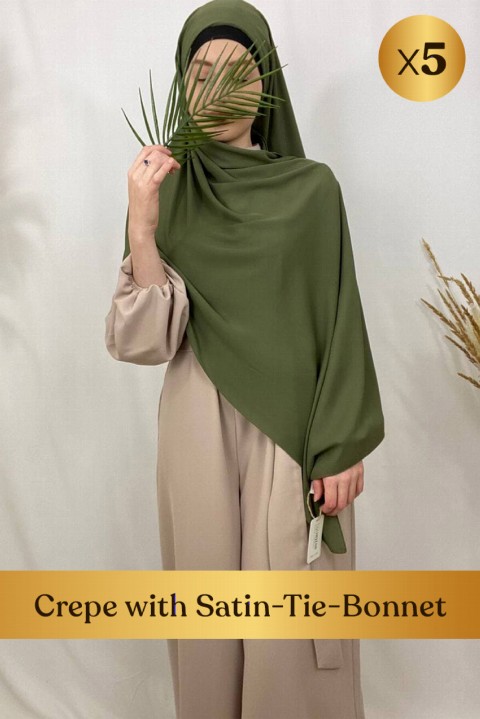 Hijab crêpe, bonnet à nouer intégré intérieur satin - en box 5 pièces - Hijab
