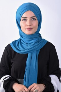 شال قطن ممشط بثلاثة خطوط أزرق بترولي - Hijab