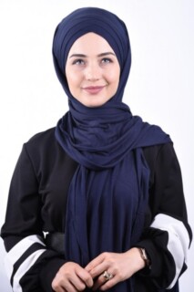 Combed Cotton 3-Striped Shawl Navy Blue - 100285212 - Hijab