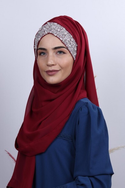 Stone Design Bonnet Shawl Claret Red - 100282983 - Hijab